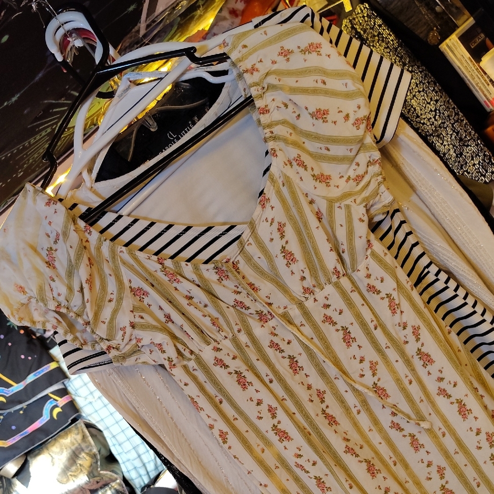 SO Floral Striped Midi Dress - White, Yellow, Pink, Black